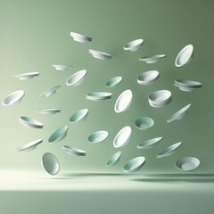Poster - Plates in mid-air create a stunning visual display against a soft green backdrop showcasing motion and elegance