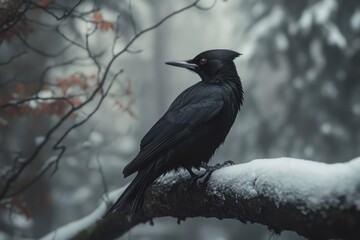 Poster - A black bird sits comfortably on the top of a tree branch, looking around with curiosity
