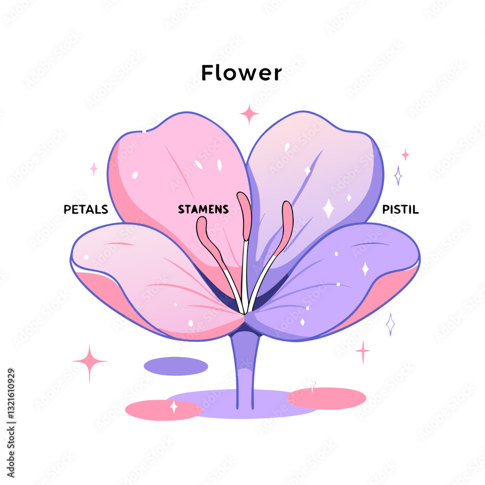 Style Flower Vector flower anatomy illustration with labeled parts, including petals ...