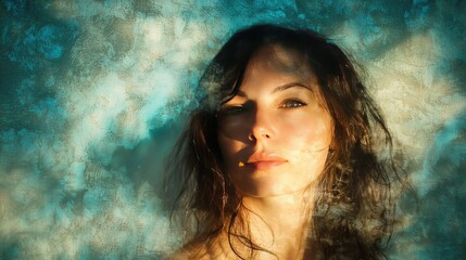 Poster - A portrait of a woman framed by soft light and a textured blue background 