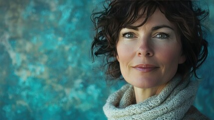 Poster - A portrait of a woman framed by soft light and a textured blue background 