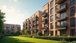 © miss irine - Modern block of flats in green area. Residential apartment buildings exterior, house complex. Part of city real estate property, condo architecture. New home construction concept. Balconies, blue sky.