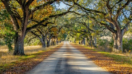 Poster - A picturesque oak tree-lined road during autumn, with colorful leaves falling. 