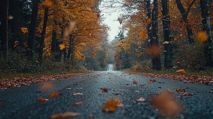 Poster - A picturesque oak tree-lined road during autumn, with colorful leaves falling. 