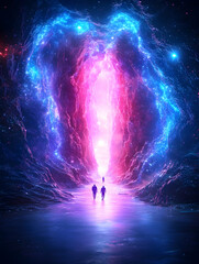 three figures walk towards a glowing celestial gateway between vibrant luminescent rock formations