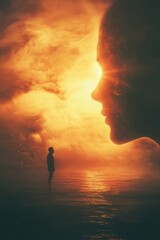 Poster - A person wading in calm water as the sun sets behind them, creating a warm and peaceful atmosphere