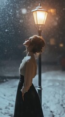Aufkleber - A woman stands in the snow beside a street light, possibly waiting for someone or something