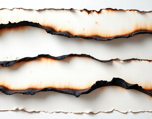 Fototapete - Burnt paper edges on white background. Fire damaged parchment frame texture, antique ripped cardboard with black soot stains for grunge design, abstract backgrounds. Charred, weathered, torn page