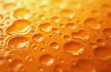 Poster - Close-up of orange fluid with round droplets. Liquid with bubbles on surface create abstract texture. Sweet honey or oil, vibrant color gradient, design element or cosmetic serum background.