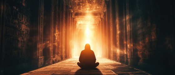 Poster - A person sits alone in a dimly lit hallway, illuminated by a faint light at the end