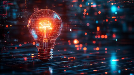 Leinwandbilder - An illuminated light bulb representing innovation, surrounded by creative symbols like coding brackets, algorithms, and digital screens, glowing brightly on a hightech platform