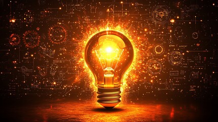 Aufkleber - A glowing light bulb representing innovation surrounded by icons of gears, circuits, and light beams symbolizing creativity and technology, against a sleek modern backdrop