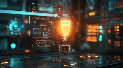 Leinwandbilder - A light bulb glowing with innovative energy, surrounded by creative icons of VR, AI, and digital networks, set against a sleek, futuristic backdrop