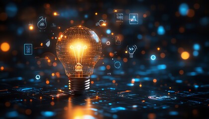 Aufkleber - A shining light bulb symbolizing innovation, surrounded by icons of artificial intelligence, blockchain, and creative brainstorming, illuminated on a modern techstyle interface