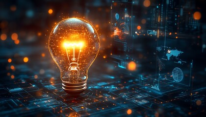 Aufkleber - A shining light bulb symbolizing innovation, surrounded by icons of artificial intelligence, blockchain, and creative brainstorming, illuminated on a modern techstyle interface