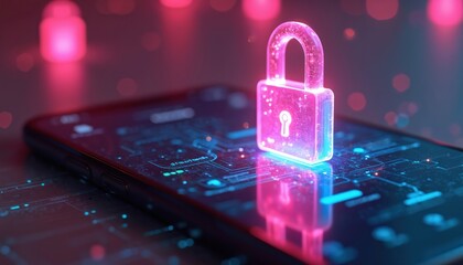 Fototapete - Glowing digital lock stands on smartphone screen secure messaging app. End to end encryption for privacy ensure confidential communication, protection sensitive data from cyber threats, hackers.