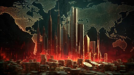Poster - A close-up of financial growth with a stock market chart overlaying a world map and coins.