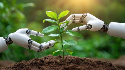 Poster - A close-up of robotic hands nurturing a seedling, representing the intersection of AI and green energy.