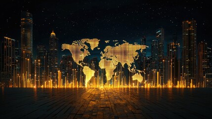 Poster - A conceptual image of finance, featuring a digital world map and glowing financial symbols.