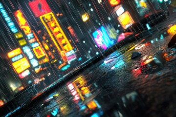Poster - A city street scene on a rainy night with cars and buildings lit up