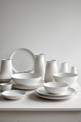 Poster - Elegant white ceramic tableware arranged neatly on display with soft lighting in a minimalist setting