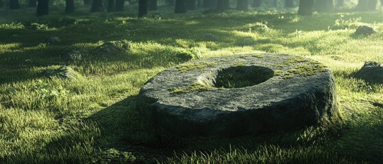 Poster - A single stone sits in the center of a lush, green meadow