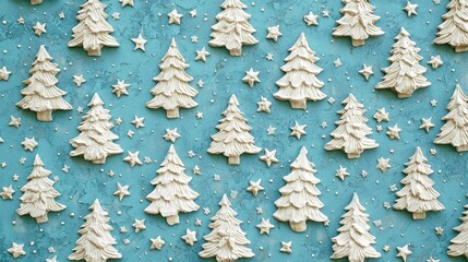 Poster - A holiday-themed blue background featuring white Christmas trees and stars. 