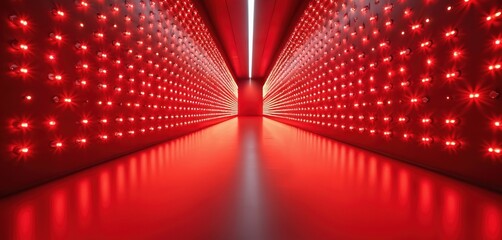 Poster - Red hallway interior with perspective. Floor, walls glow with numerous light diodes. Abstract design shows modern architecture, long hall concept. Empty place, showroom, club corridor with creative