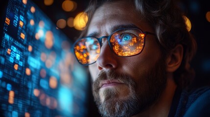 Poster - A researcher focused on quantum computing analyzes complex datasets using neural networks. Bright reflections illuminate their glasses, revealing intricate data patterns.