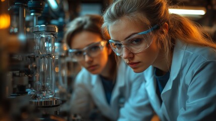 Aufkleber - Two scientists in lab coats and safety goggles focus intently on a complex experiment involving qubits and quantum entanglement, demonstrating advanced research techniques.