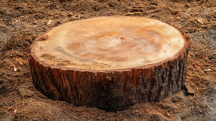 Poster - A freshly cut tree stump with sawdust around it in a logging area. 