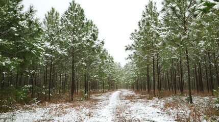 Aufkleber - A forest of tall, green pine trees covered in a light dusting of snow. 
