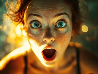 Aufkleber - Close-up portrait of a woman with an unexpected reaction, suitable for various emotional or surprise-related concepts
