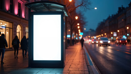 Aufkleber - Vertical blank white light box mock up in bus stop at night. City street scene with blurred people walking. Perfect billboard template for advertising banner and commercial ads.
