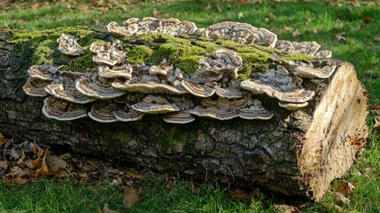 Poster - A fallen tree trunk with moss and mushrooms growing on its surface. 