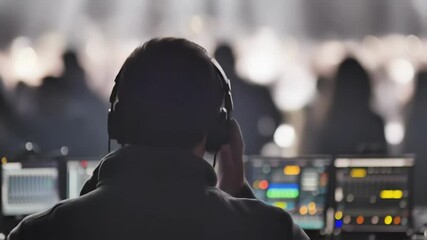 Poster - Professional sound engineer wearing headphones, adjusting levels on audio mixer, ensuring high quality sound during live performance or concert, with blurred audience in background