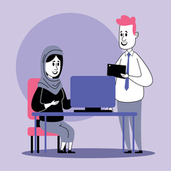 Poster - Man and woman working together at desk. Woman, wearing headscarf, seated in front of computer while man standing beside her, holding tablet