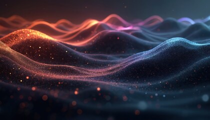 Poster - Futuristic dark wave background with glowing light effects, sparkling highlights. Black backdrop evokes cyber techno theme, perfect for science fiction digital art, dynamic energy intense modern