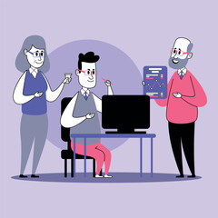 Poster - Three professionals engaged in discussion around computer. Man presenting data while others listening and taking notes. Teamwork and creativity concept