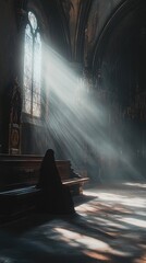 Aufkleber - A person sits alone on a church bench, contemplative atmosphere