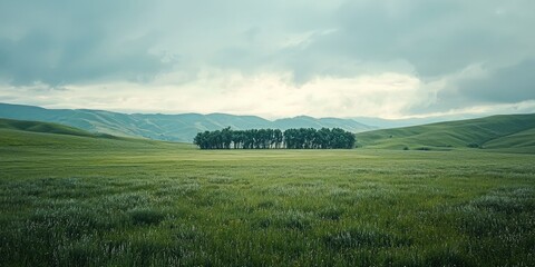 Poster - A distant view of a tree line at the edge of a vast green meadow. 