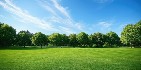 Poster - A distant view of a tree line at the edge of a vast green meadow. 