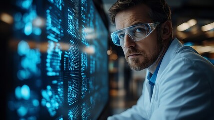 Aufkleber - A scientist wearing protective eyewear studies quantum mechanics principles on a digital interface, observing data on qubits, superposition, and entanglement in a research setting.