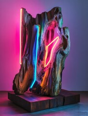 Poster - A large wooden structure lit up by neon lights, suitable for use in advertising or event decorations