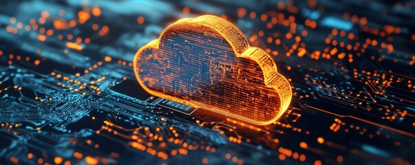Poster - Cloud symbol above a stylized chip representing the concept of secure cloud computing
