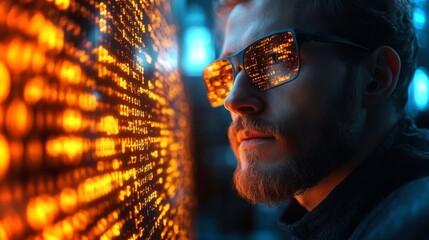 Fototapete - A person wearing futuristic sunglasses gazes at a glowing wall filled with binary code and quantum computing terms. This reflects the merging of human intellect with advanced technology.