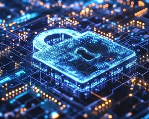 Poster - Futuristic EDR system showcasing a padlock icon in a digital cybersecurity environment