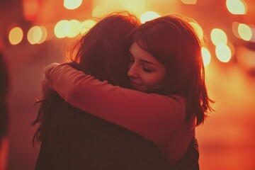 Poster - A candid moment of two women showing affection and support for each other on a city street