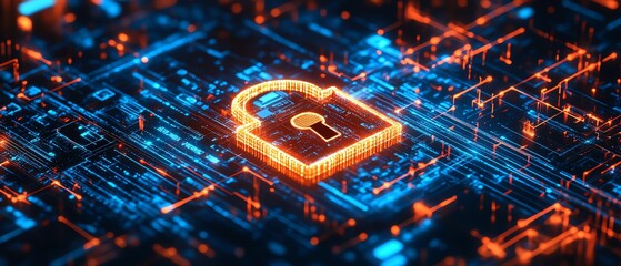 Poster - Endpoint Detection and Response EDR concept with a digital padlock icon surrounded by complex cybersecurity layers
