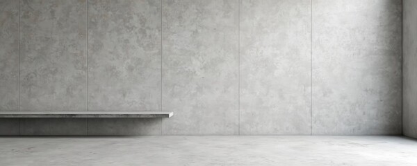 Aufkleber - Minimal loft interior. Grey concrete room features rough wall texture, stone shelf, floor. Empty display template with space perfect for product presentation, interior design projects. Simple